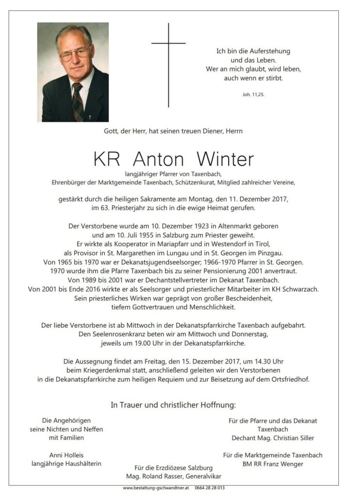 Nachruf - Pfarrer Konsistorialrat Anton Winter